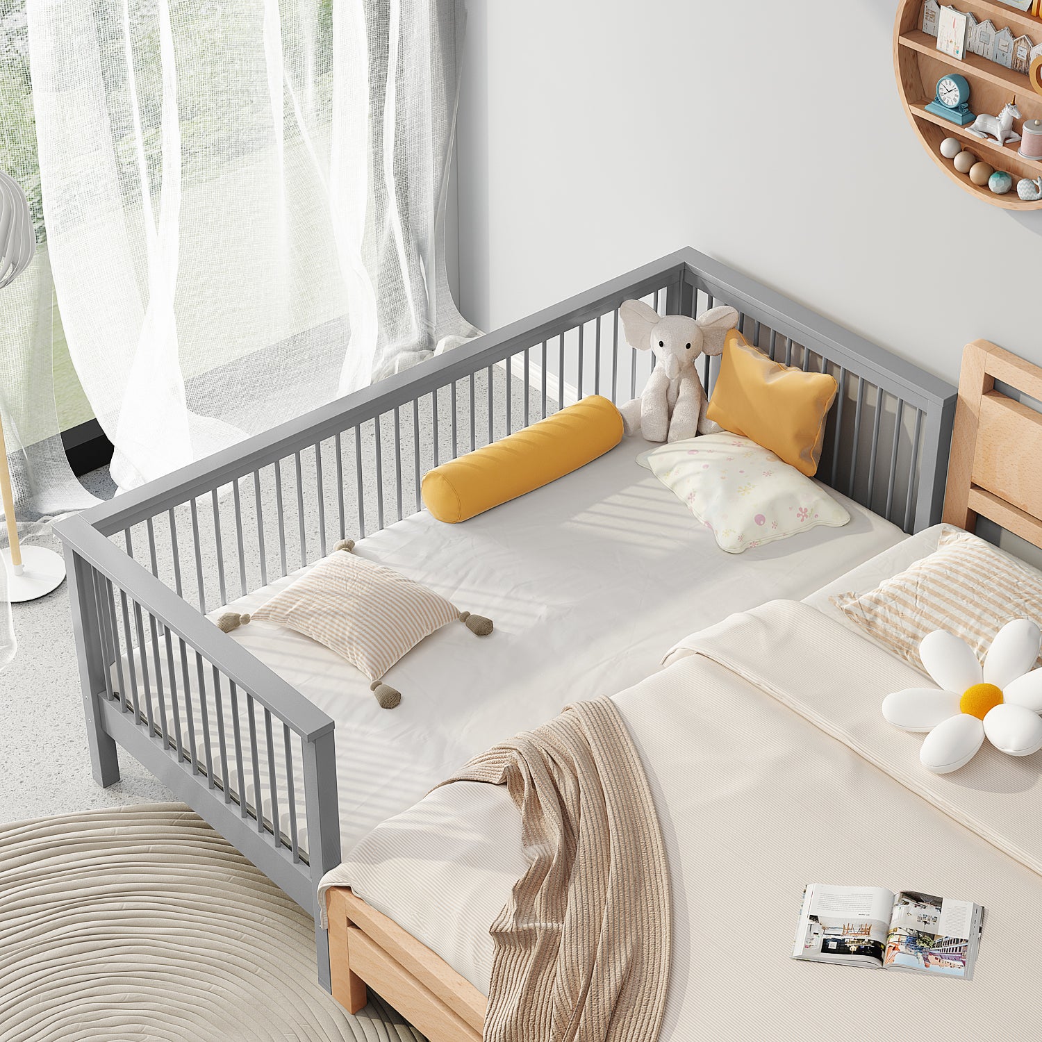 Modern Solid Wood Baby Crib Beech Nursery Bed with Guardrail