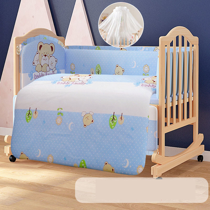 Solid Wood  Baby Crib Convertible Nursery Bed with Casters and Guardrail