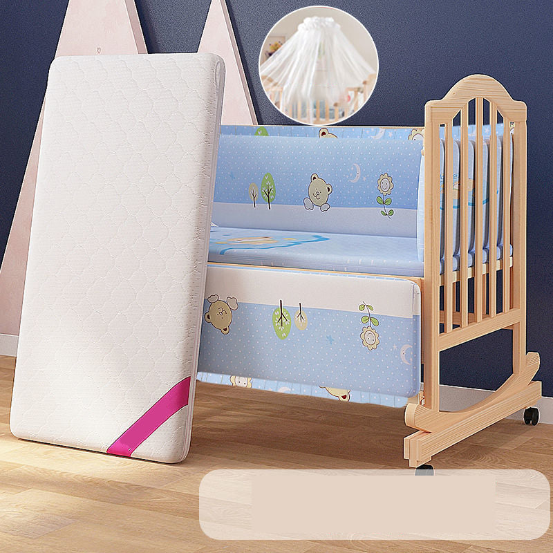 Solid Wood  Baby Crib Convertible Nursery Bed with Casters and Guardrail