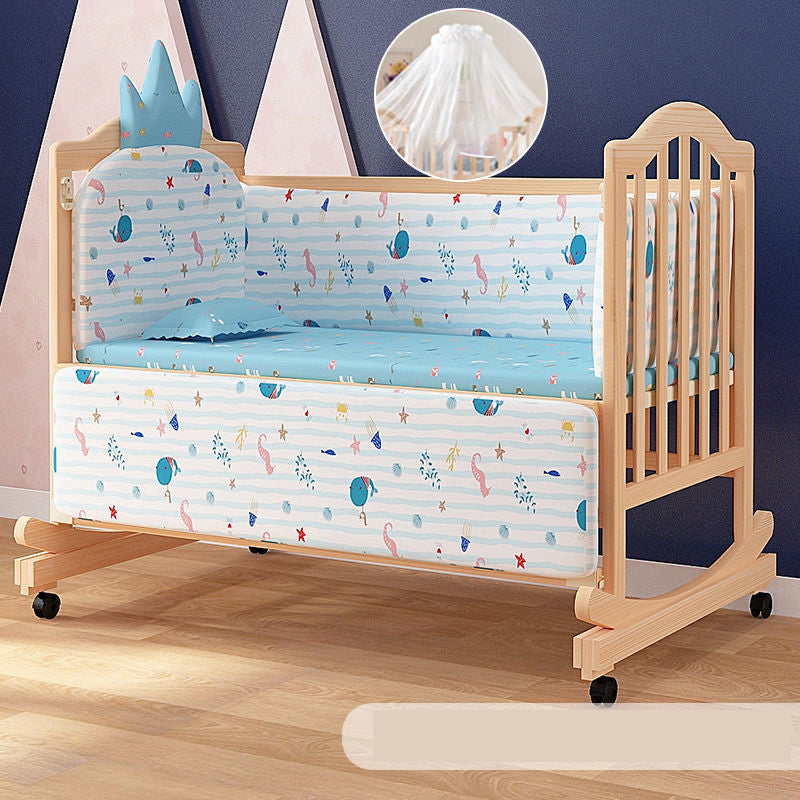 Solid Wood  Baby Crib Convertible Nursery Bed with Casters and Guardrail