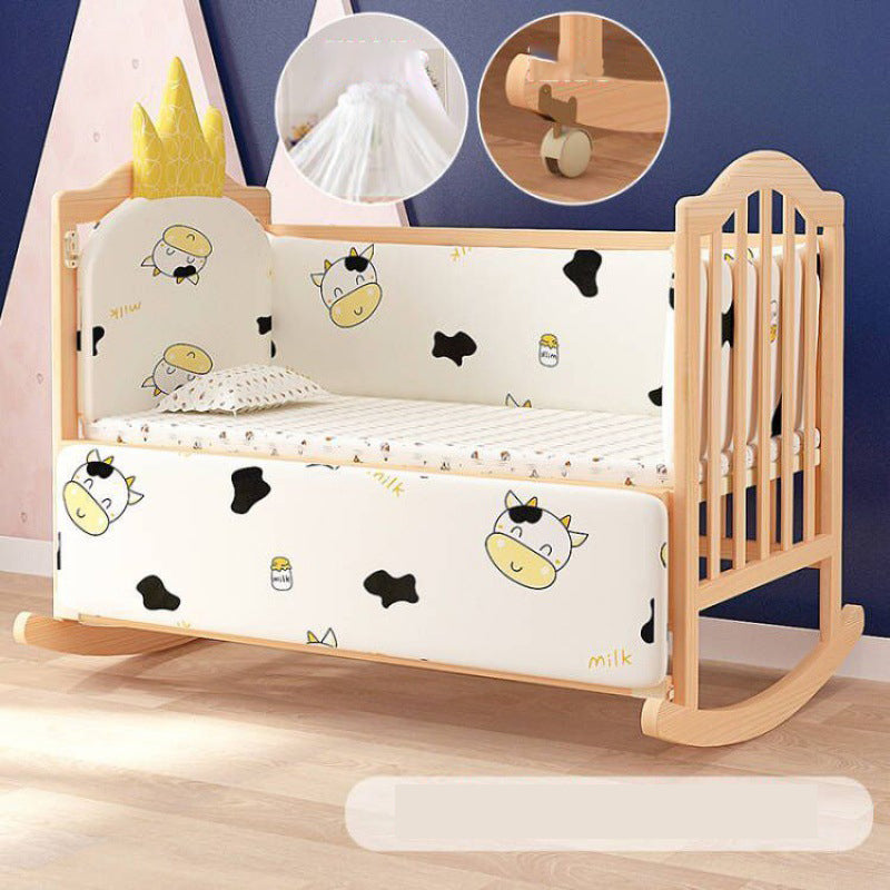 Solid Wood  Baby Crib Convertible Nursery Bed with Casters and Guardrail