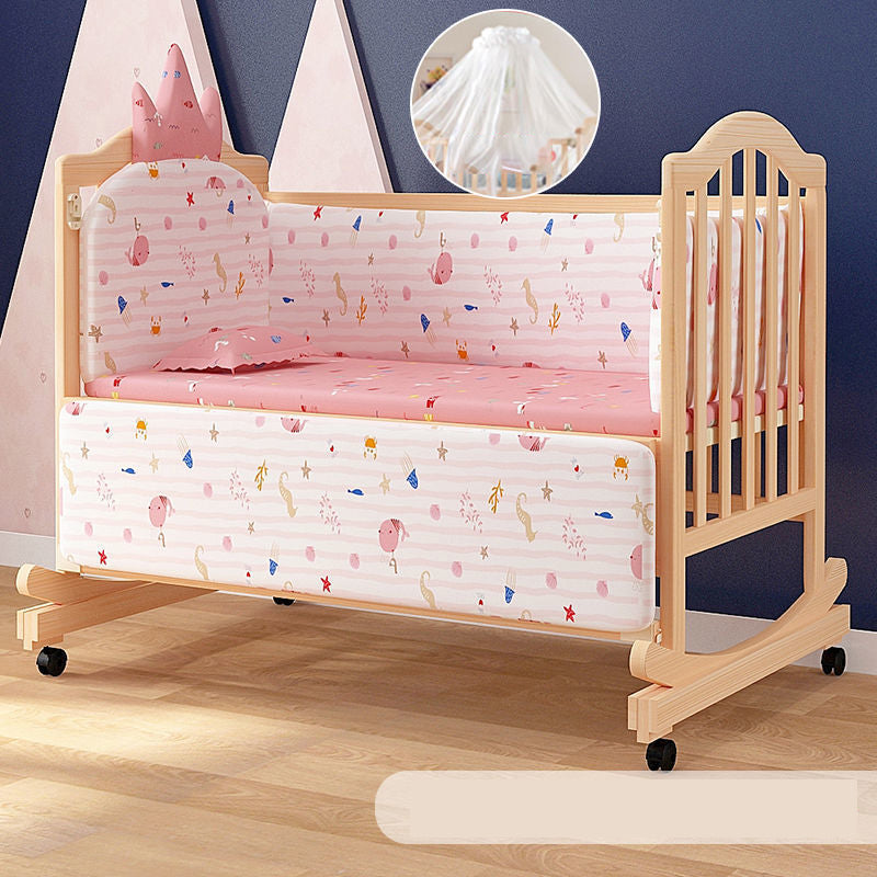 Solid Wood  Baby Crib Convertible Nursery Bed with Casters and Guardrail