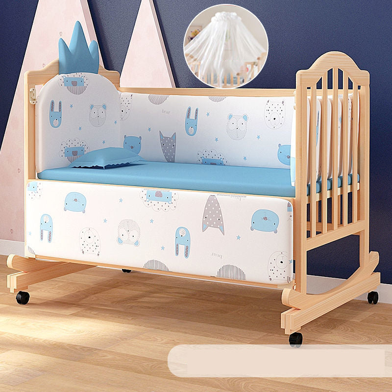 Solid Wood  Baby Crib Convertible Nursery Bed with Casters and Guardrail