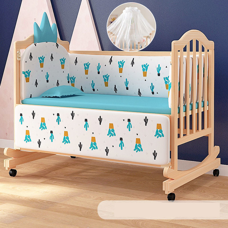 Solid Wood  Baby Crib Convertible Nursery Bed with Casters and Guardrail