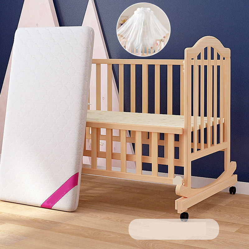 Solid Wood  Baby Crib Convertible Nursery Bed with Casters and Guardrail