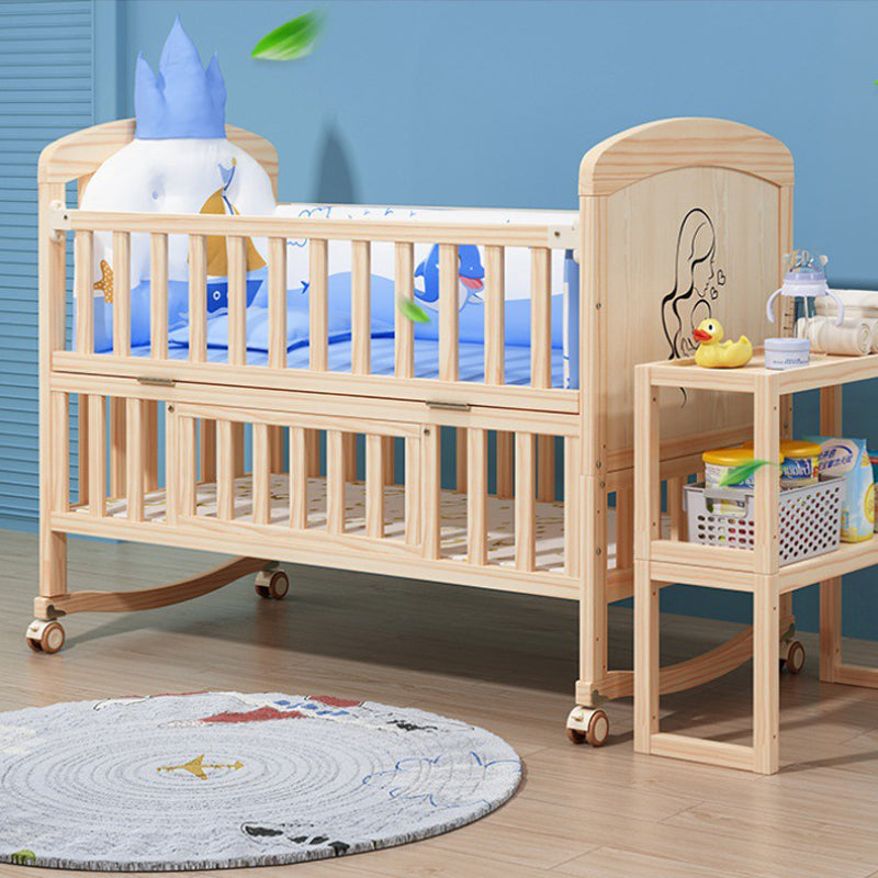 Convertible Baby Crib with Guardrail Solid Wood Nursery Bed with Casters