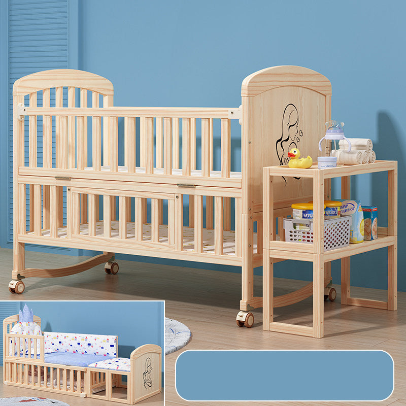 Convertible Baby Crib with Guardrail Solid Wood Nursery Bed with Casters