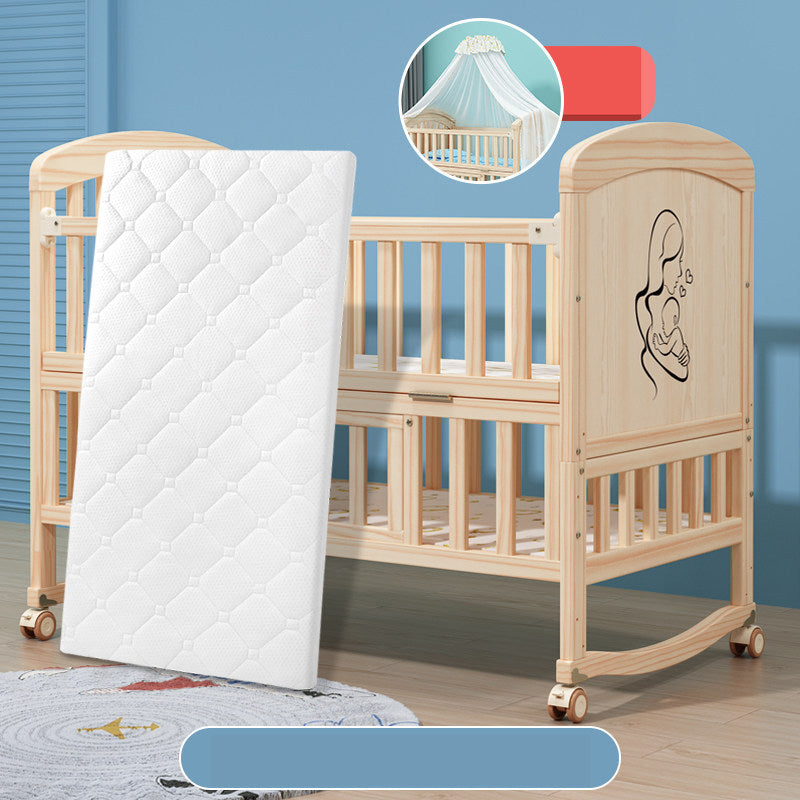 Convertible Baby Crib with Guardrail Solid Wood Nursery Bed with Casters