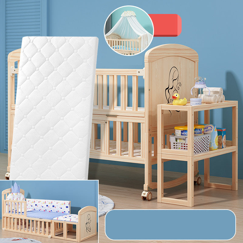 Convertible Baby Crib with Guardrail Solid Wood Nursery Bed with Casters