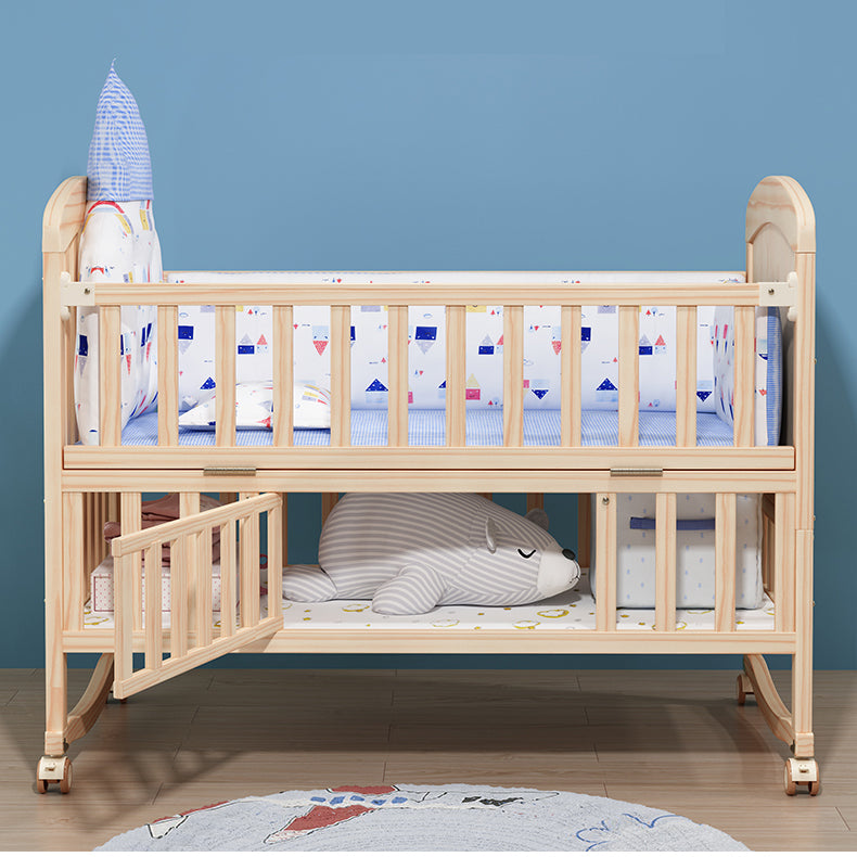 Convertible Baby Crib with Guardrail Solid Wood Nursery Bed with Casters