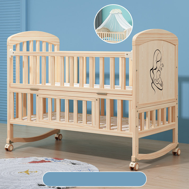 Convertible Baby Crib with Guardrail Solid Wood Nursery Bed with Casters