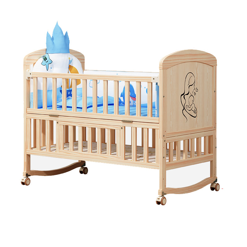 Convertible Baby Crib with Guardrail Solid Wood Nursery Bed with Casters