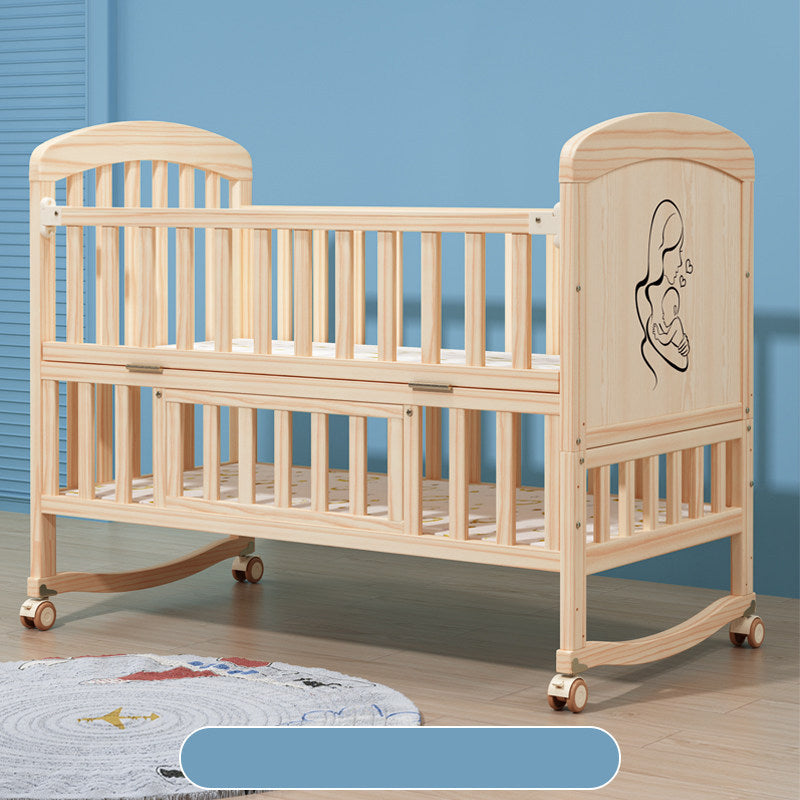 Convertible Baby Crib with Guardrail Solid Wood Nursery Bed with Casters