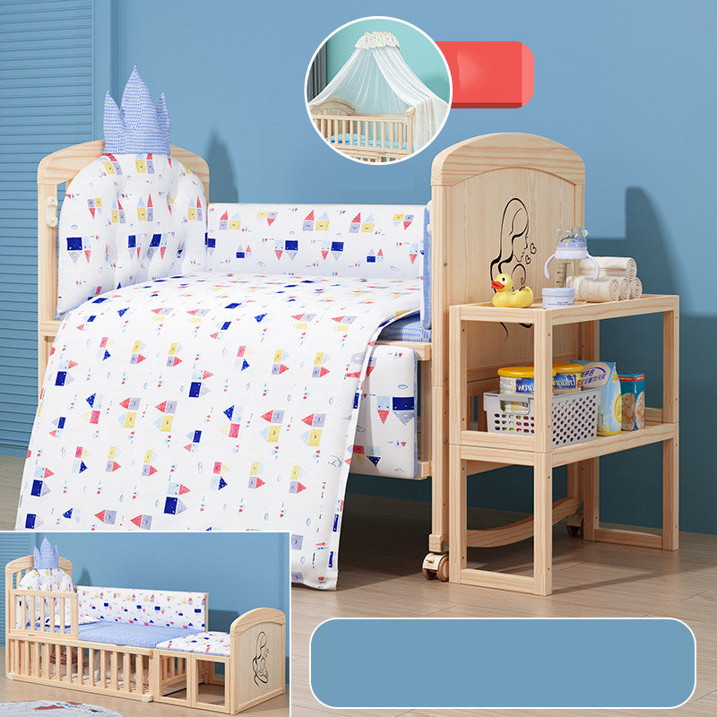 Convertible Baby Crib with Guardrail Solid Wood Nursery Bed with Casters