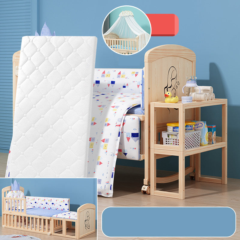 Convertible Baby Crib with Guardrail Solid Wood Nursery Bed with Casters