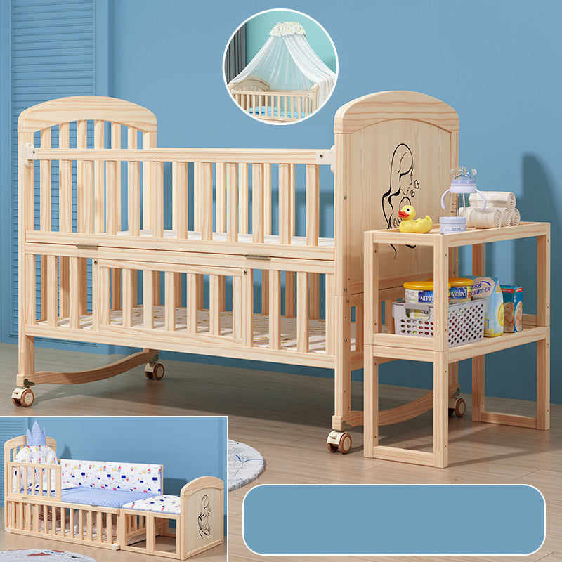 Convertible Baby Crib with Guardrail Solid Wood Nursery Bed with Casters