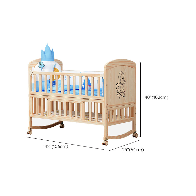 Convertible Baby Crib with Guardrail Solid Wood Nursery Bed with Casters