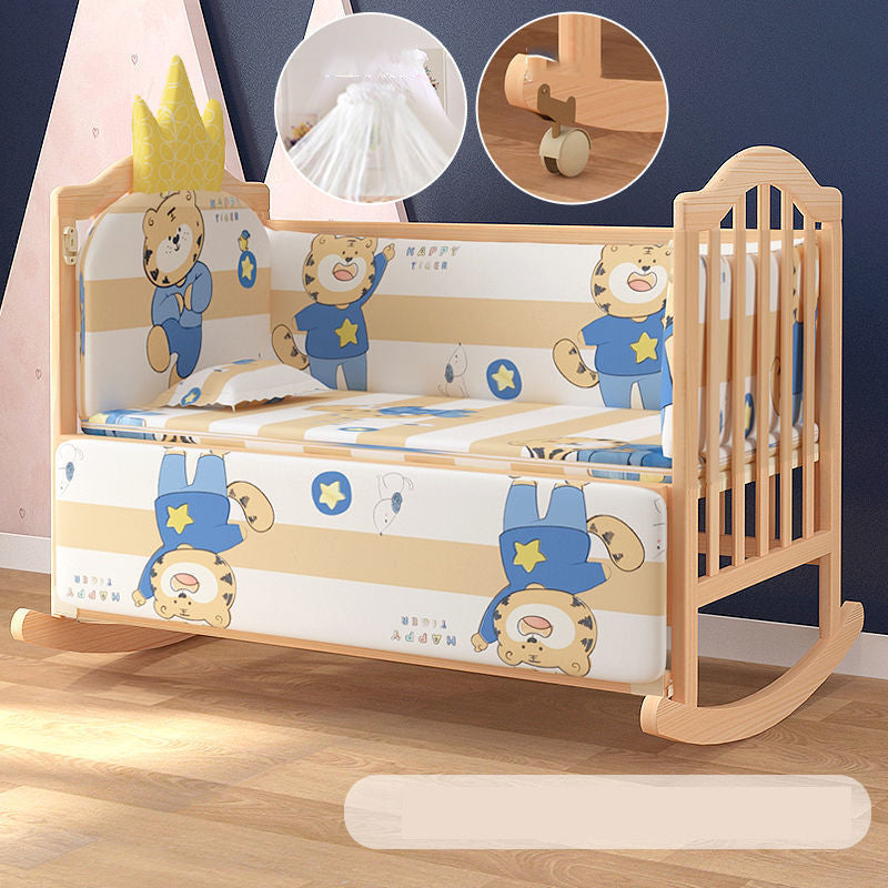 Wood Convertible Baby Crib Nursery Crib with Guardrail and Wheels