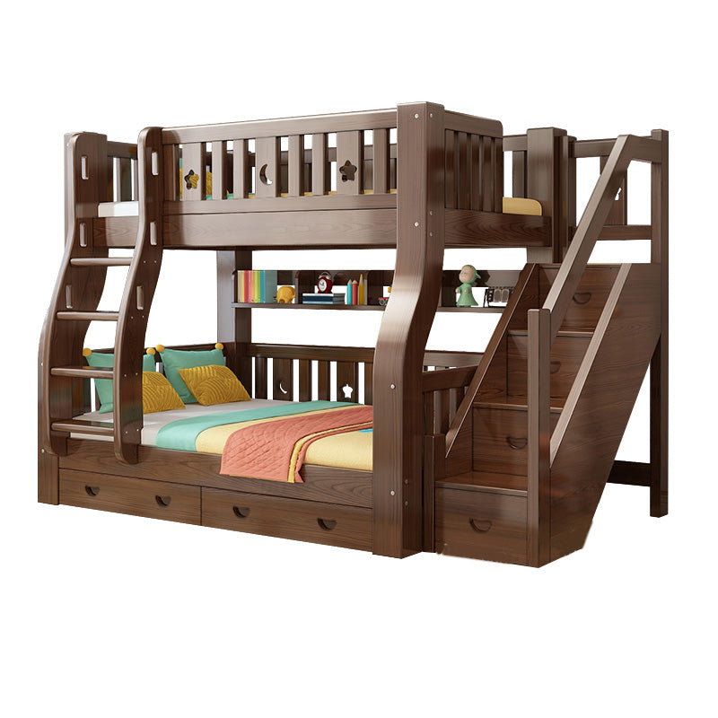 Traditional Brown Bunk Bed with Drawers and Shelves in Solid Wood