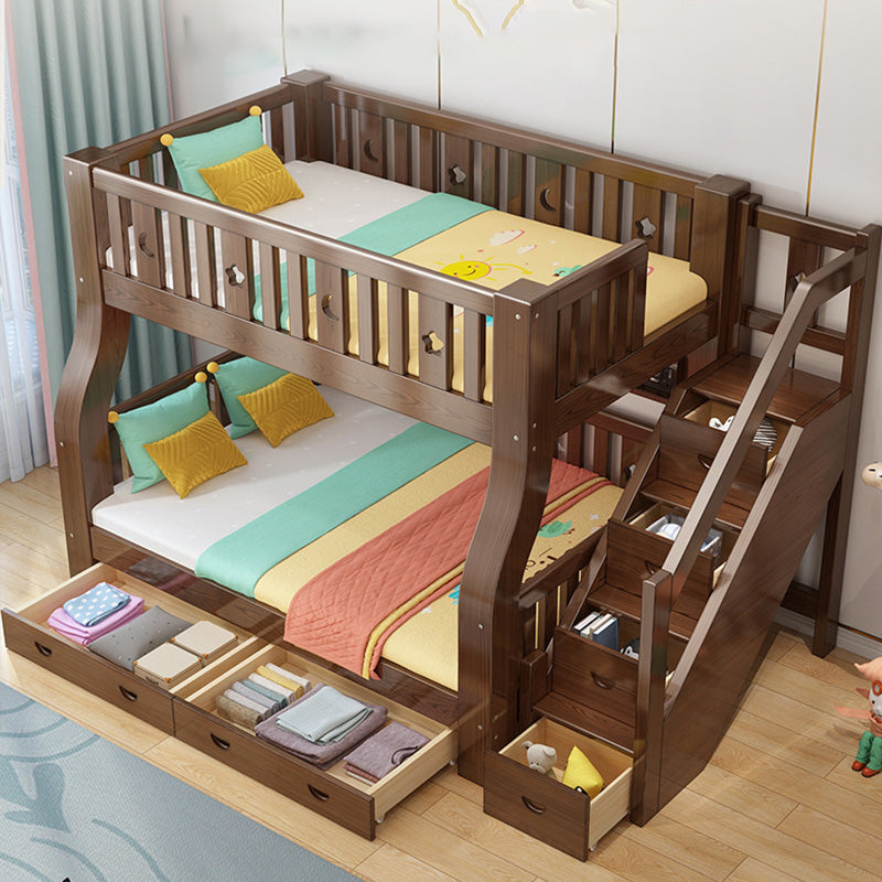 Traditional Brown Bunk Bed with Drawers and Shelves in Solid Wood