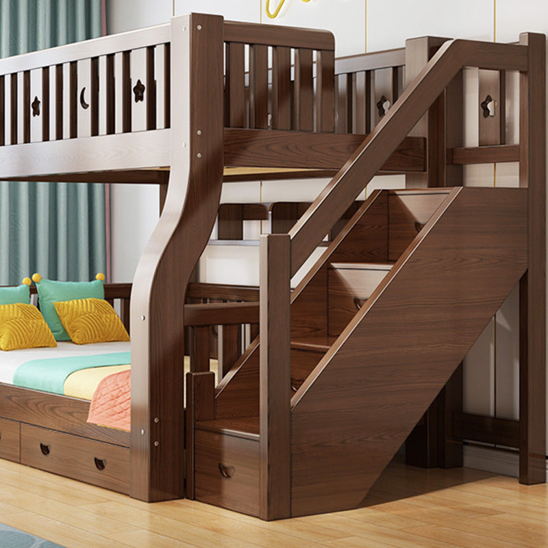 Traditional Brown Bunk Bed with Drawers and Shelves in Solid Wood