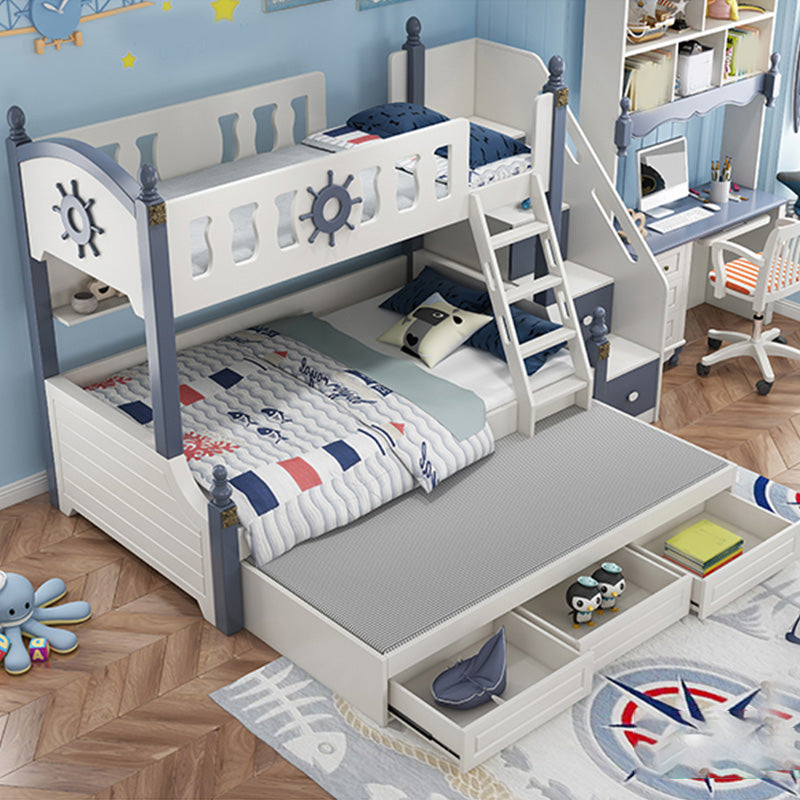 Coastal White Bunk Bed with Storage Shelves in Solid Wood Bed