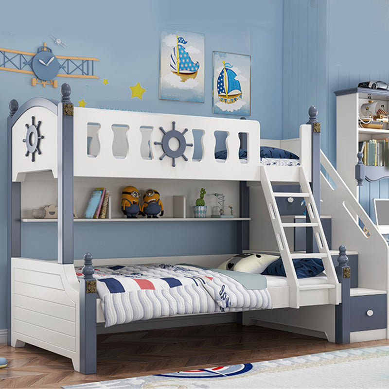 Coastal White Bunk Bed with Storage Shelves in Solid Wood Bed