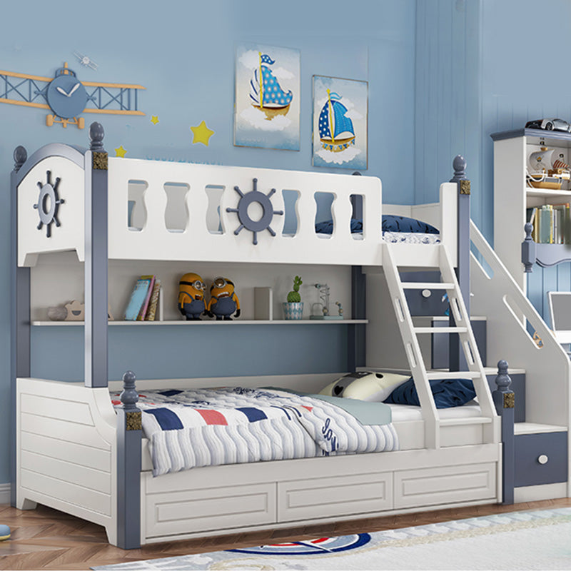 Coastal White Bunk Bed with Storage Shelves in Solid Wood Bed