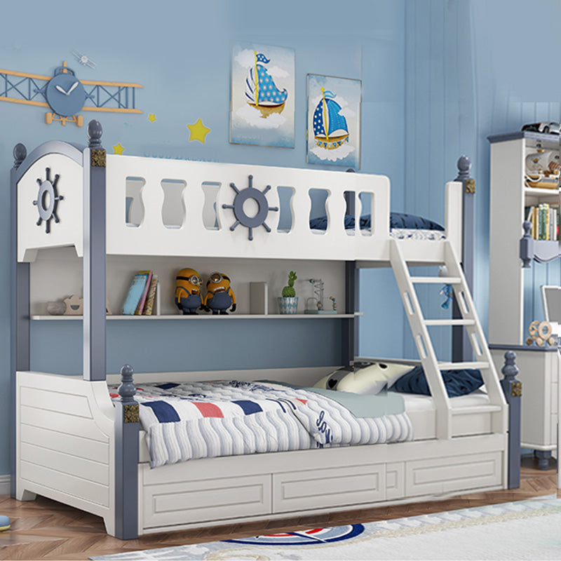 Coastal White Bunk Bed with Storage Shelves in Solid Wood Bed