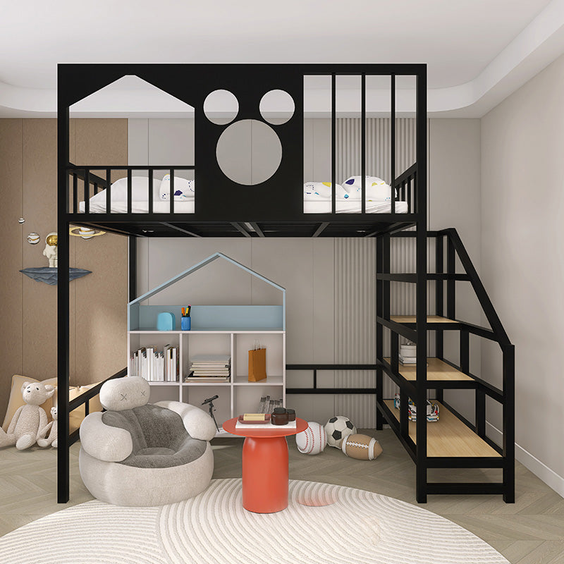 Industrial Loft Bed with Staircase and Guardrail in Iron Bed