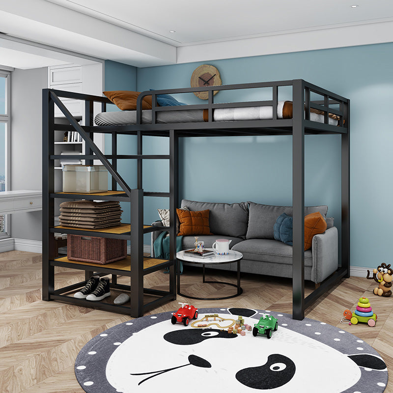 Industrial Loft Bed with Shelves and Guardrail in Iron Black/White Bed