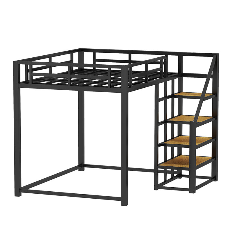 Industrial Loft Bed with Shelves and Guardrail in Iron Black/White Bed