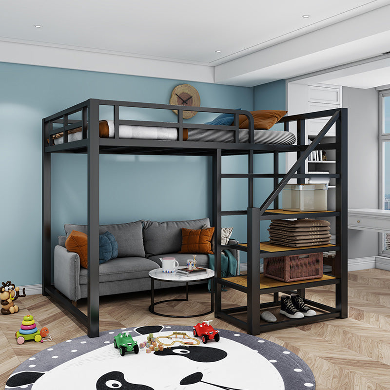 Industrial Loft Bed with Shelves and Guardrail in Iron Black/White Bed