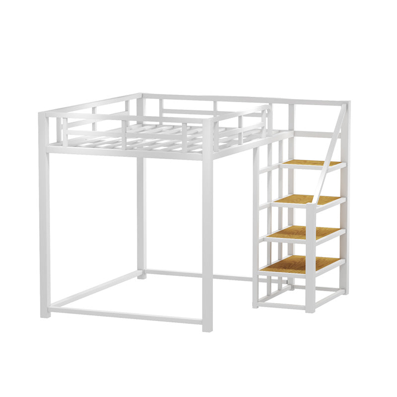 Industrial Loft Bed with Shelves and Guardrail in Iron Black/White Bed