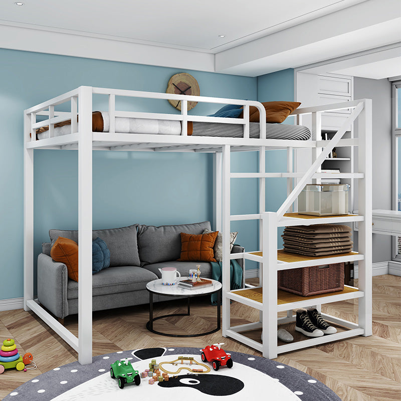 Industrial Loft Bed with Shelves and Guardrail in Iron Black/White Bed