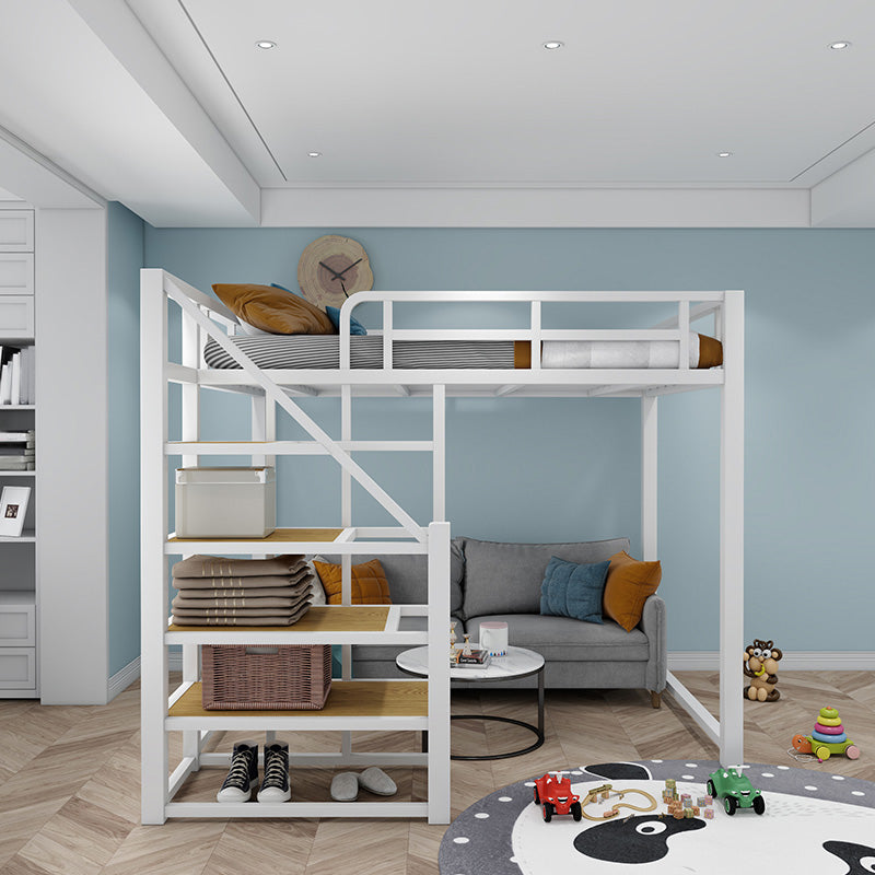 Industrial Loft Bed with Shelves and Guardrail in Iron Black/White Bed