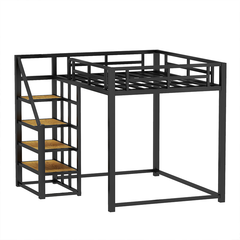 Industrial Loft Bed with Shelves and Guardrail in Iron Black/White Bed