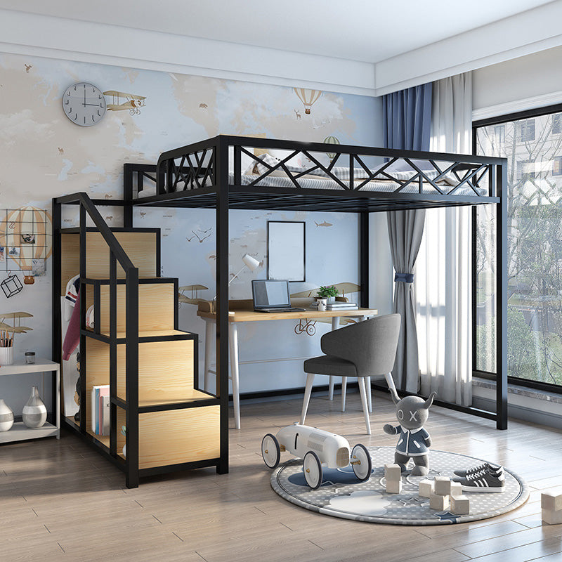 Industrial Iron Loft Bed in Black/White with Shelves and Guardrail