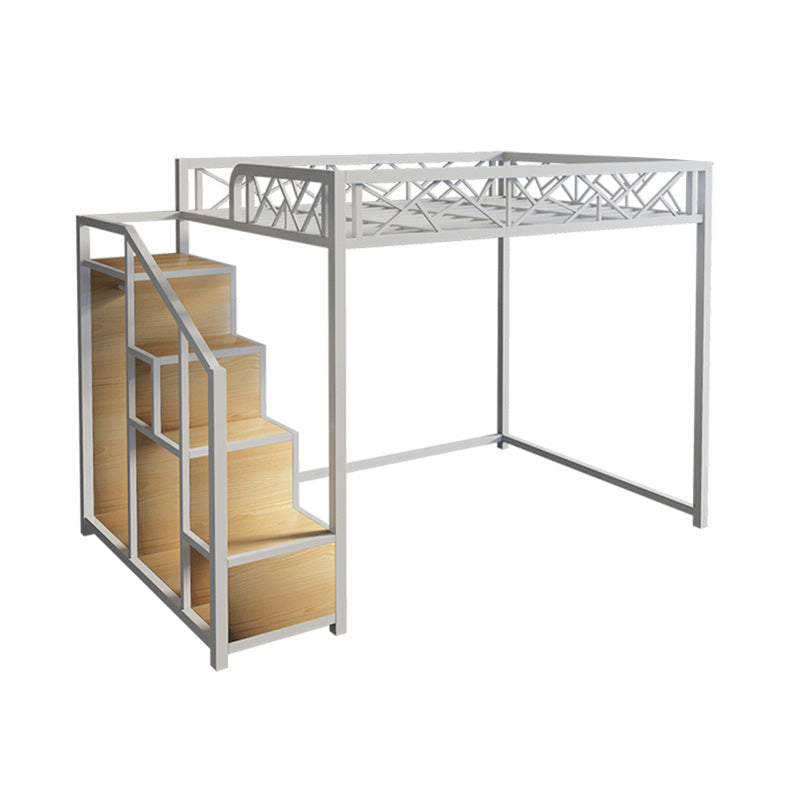 Industrial Iron Loft Bed in Black/White with Shelves and Guardrail