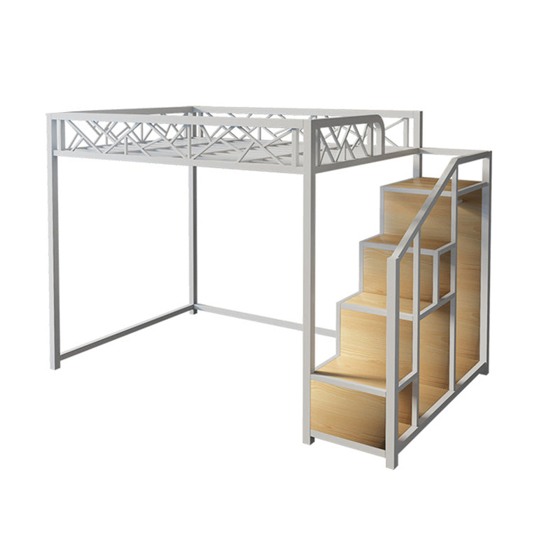 Industrial Iron Loft Bed in Black/White with Shelves and Guardrail