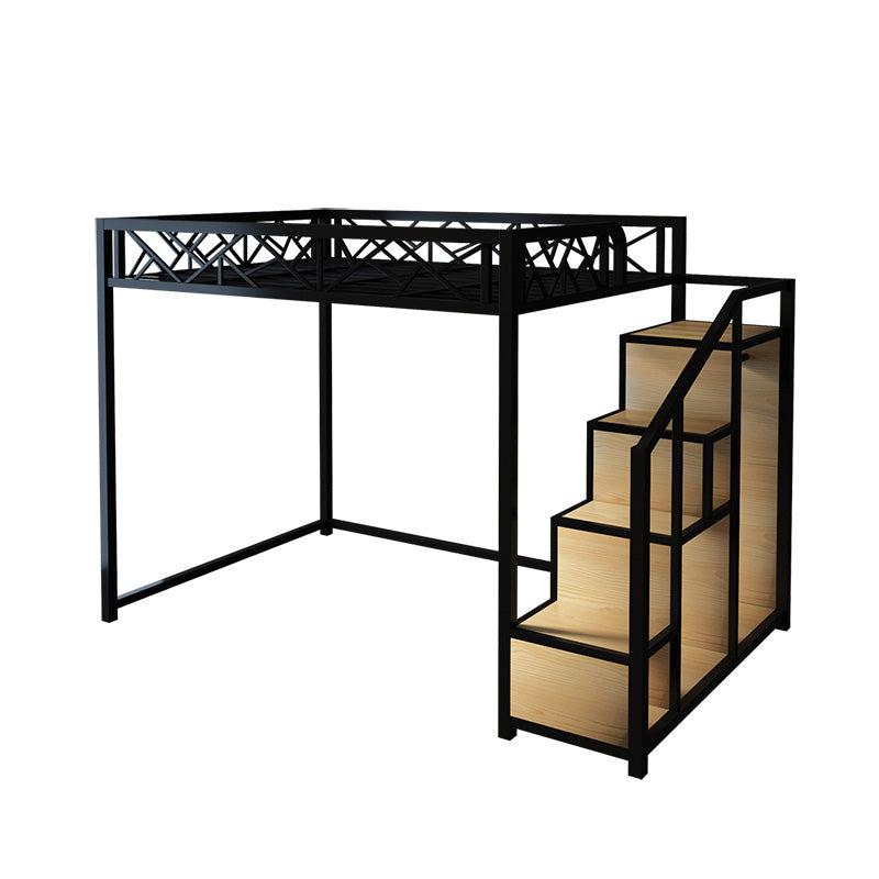 Industrial Iron Loft Bed in Black/White with Shelves and Guardrail