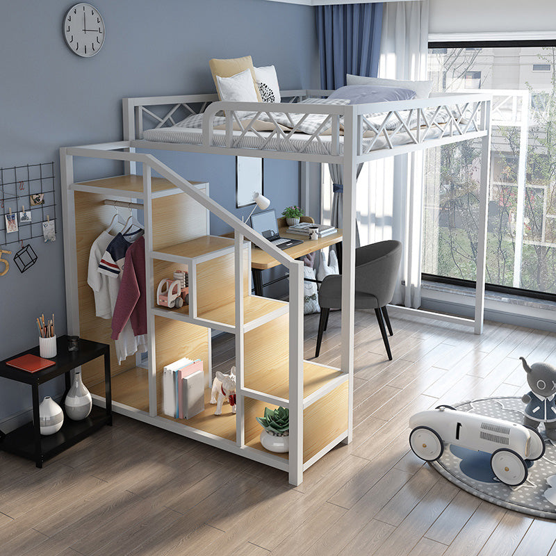 Industrial Iron Loft Bed in Black/White with Shelves and Guardrail