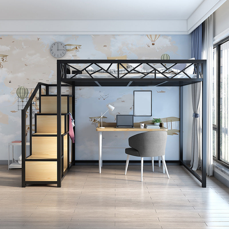 Industrial Iron Loft Bed in Black/White with Shelves and Guardrail