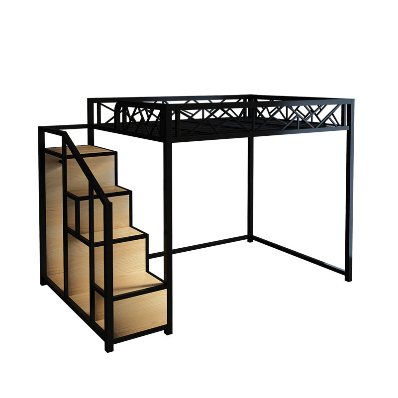 Industrial Iron Loft Bed in Black/White with Shelves and Guardrail