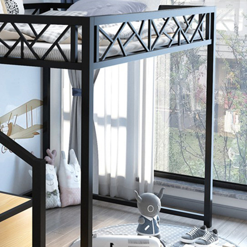 Industrial Iron Loft Bed in Black/White with Shelves and Guardrail