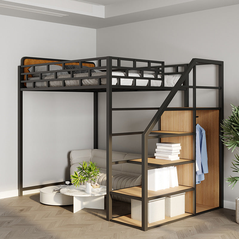 Glam Style Loft Bed in Iron with Shelves and Guardrail Storage Bed