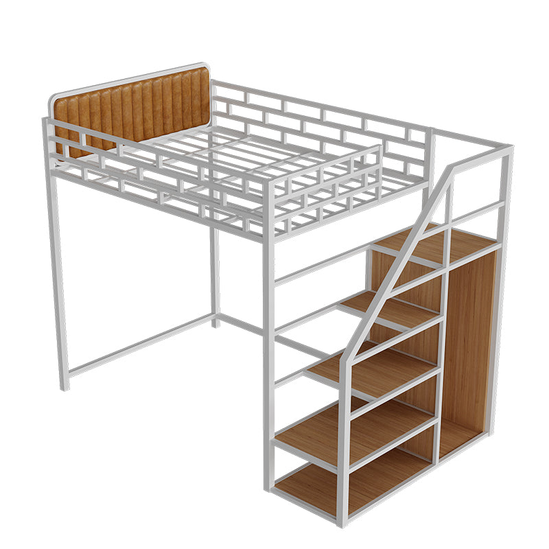 Glam Style Loft Bed in Iron with Shelves and Guardrail Storage Bed