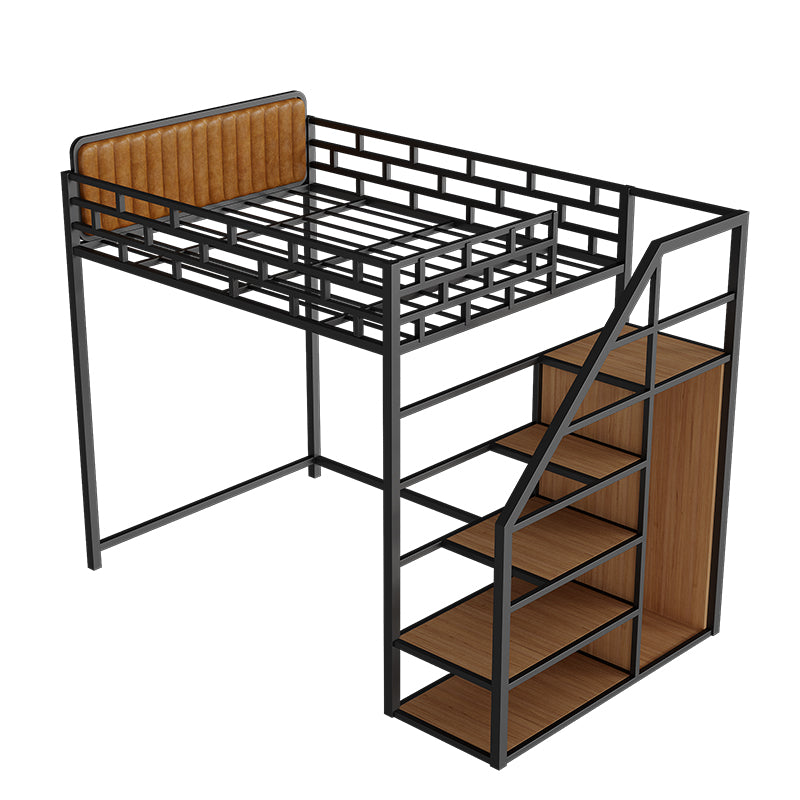 Glam Style Loft Bed in Iron with Shelves and Guardrail Storage Bed