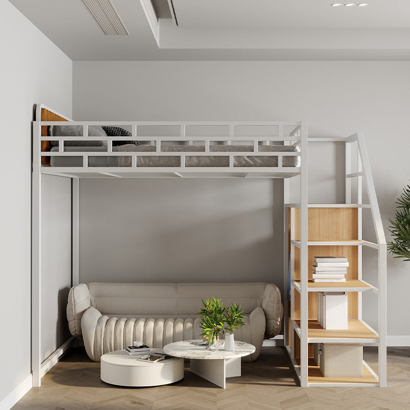 Glam Style Loft Bed in Iron with Shelves and Guardrail Storage Bed