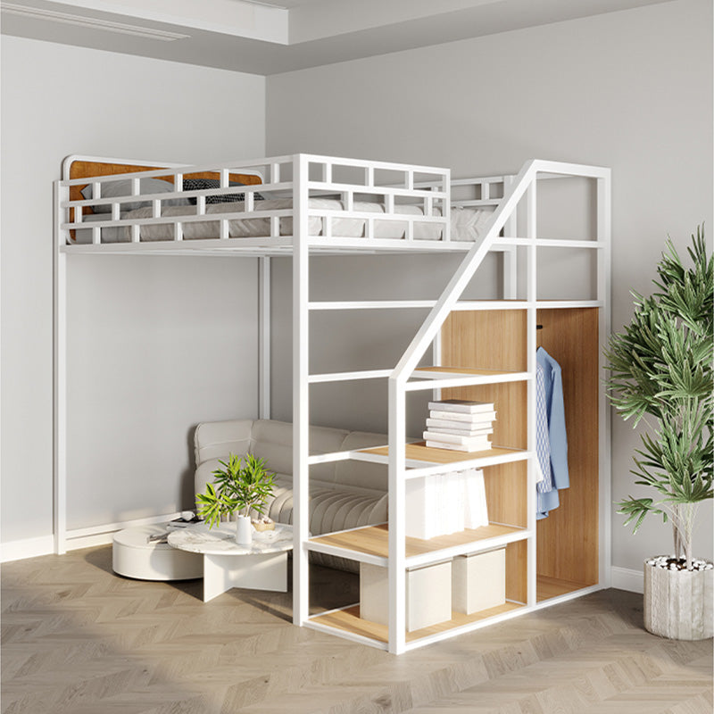 Glam Style Loft Bed in Iron with Shelves and Guardrail Storage Bed